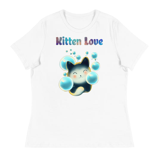 Women's White T-Shirt with Cat With Blue Bubbles with a text "Kitten Love" at $25.97 found at Personalizedpetlovergifts