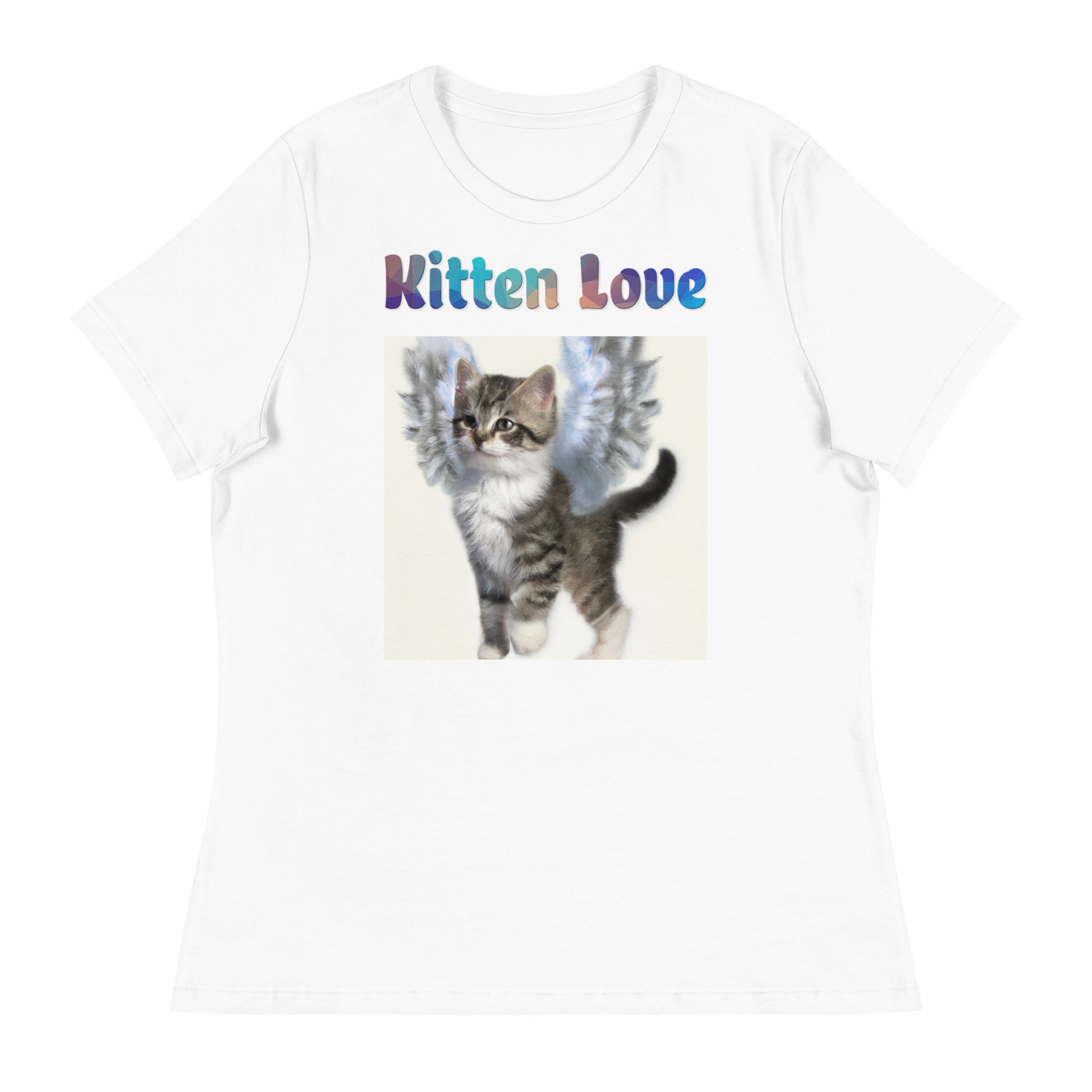 Women's White T-Shirt with Cat With Beautiful Angel Wings with a text "Kitten Love" at $25.97 found at Personalizedpetlovergifts