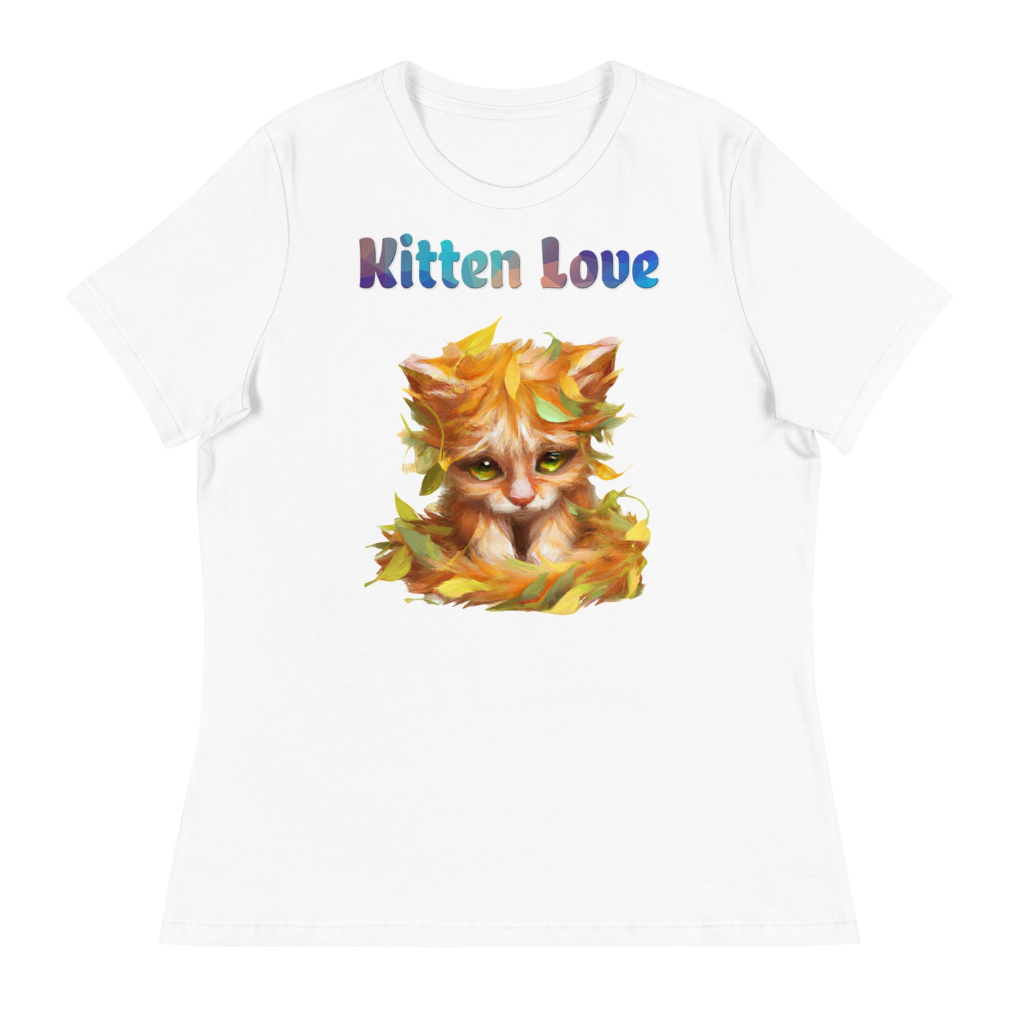 Women's White T-Shirt with Cat With Autumn Leaves with a text "Kitten Love" at $25.97 found at Personalizedpetlovergifts