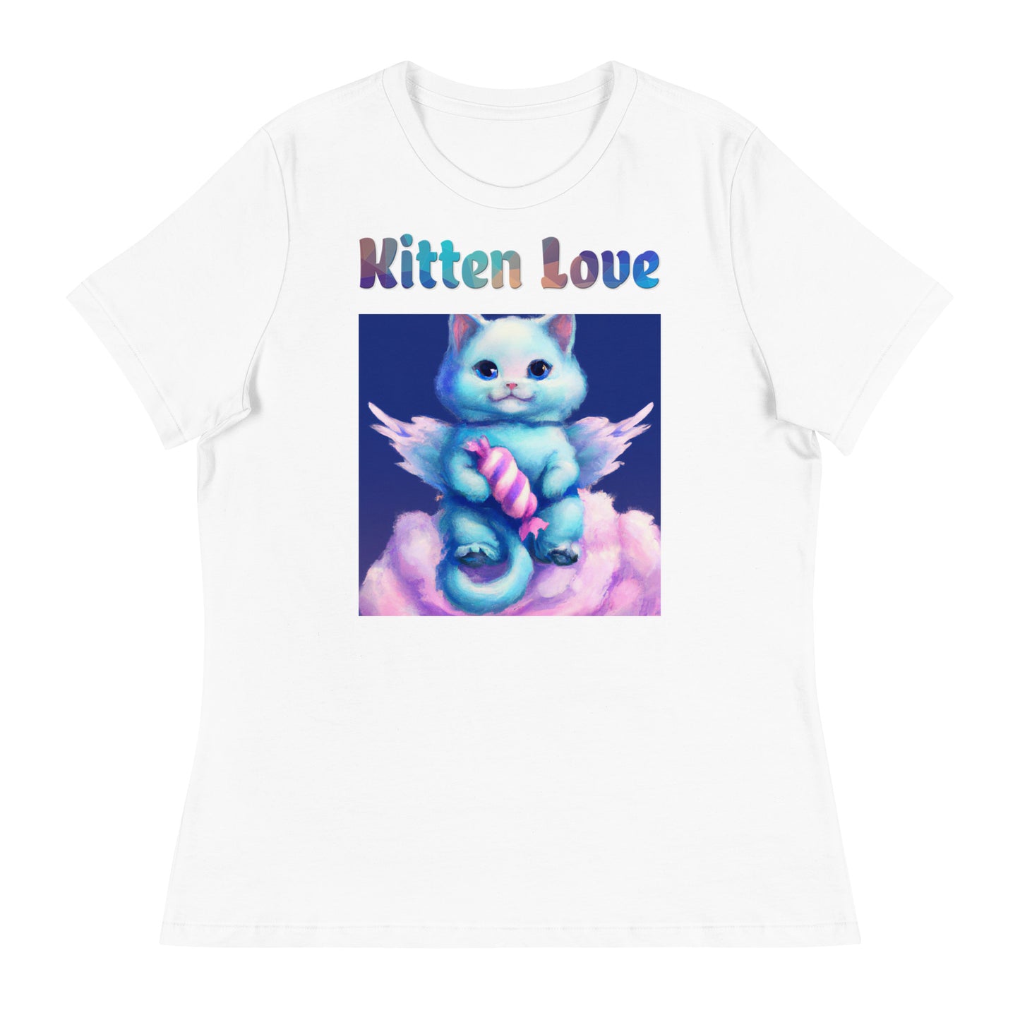 Women's White T-Shirt with Cat With Angel Wings In The Clouds with a text "Kitten Love" at $25.97 found at Personalizedpetlovergifts