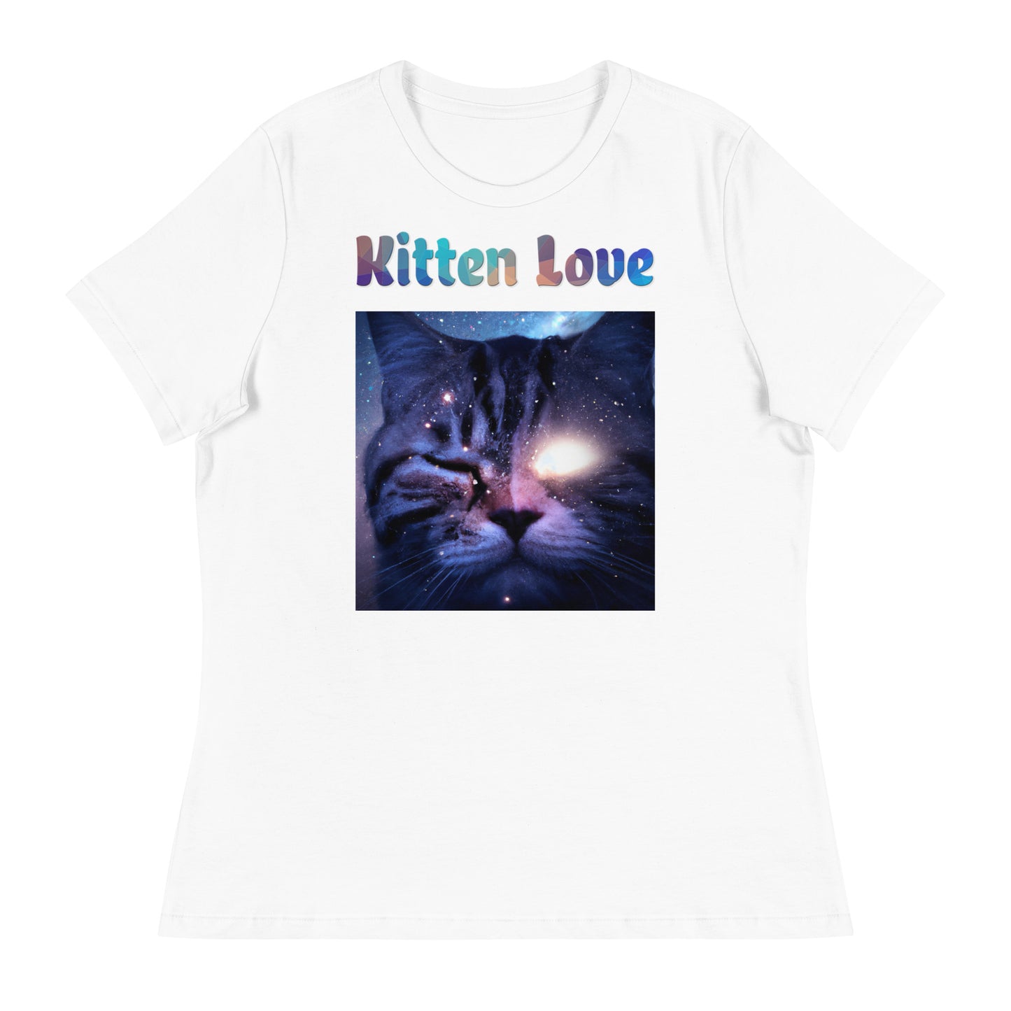 Women's White T-Shirt with Cat With a Shiny Eye with a text "Kitten Love" at $25.97 found at Personalizedpetlovergifts