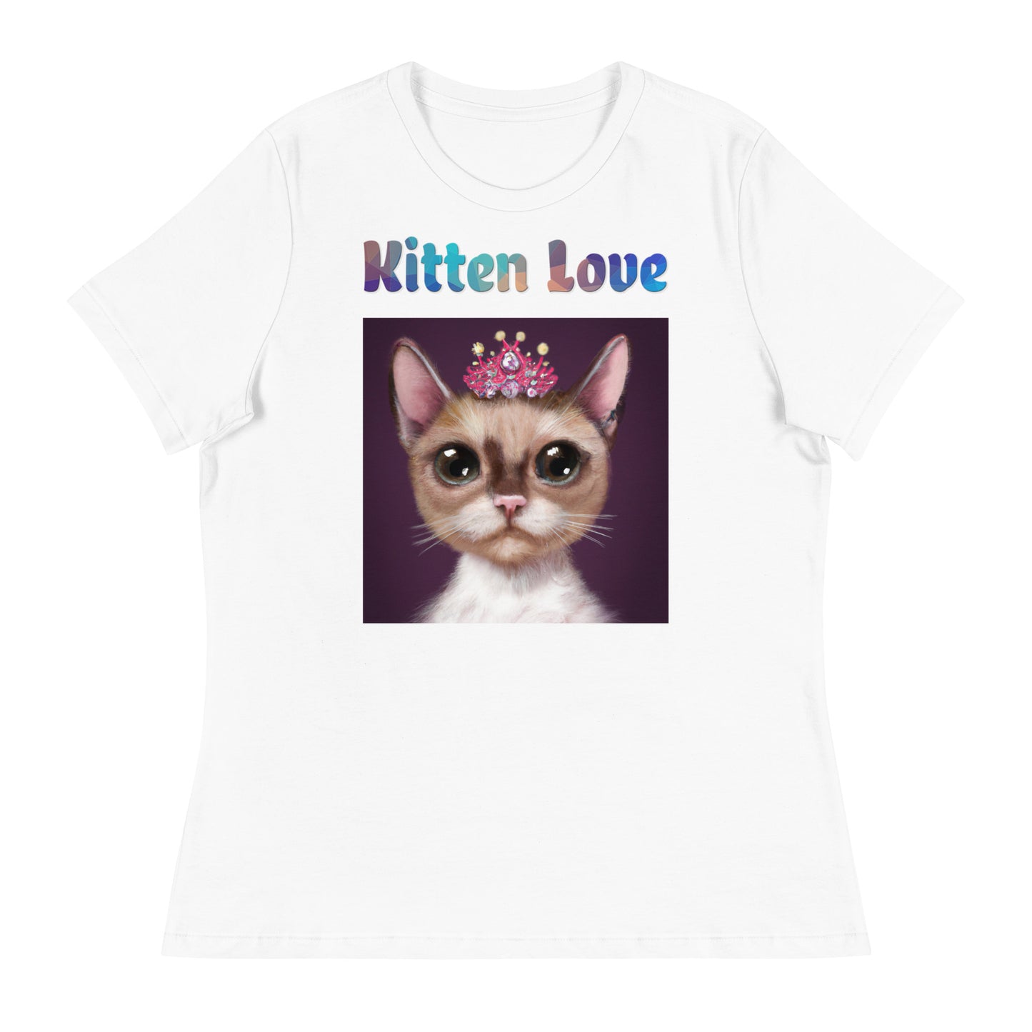 Women's White T-Shirt with Cat With a Pink Tiara with a text "Kitten Love" at $25.97 found at Personalizedpetlovergifts