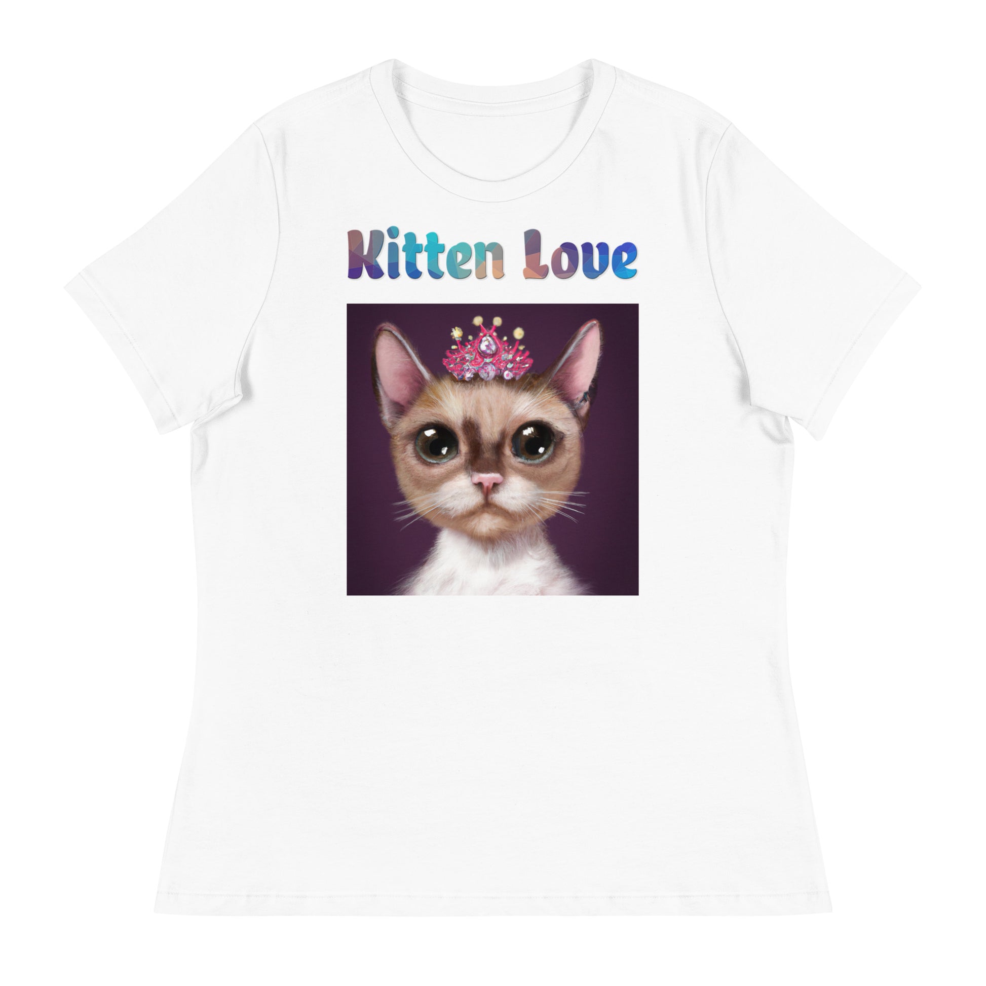 Women's White T-Shirt with Cat With a Pink Tiara with a text "Kitten Love" at $25.97 found at Personalizedpetlovergifts