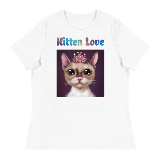 Women's White T-Shirt with Cat With a Pink Tiara with a text "Kitten Love" at $25.97 found at Personalizedpetlovergifts