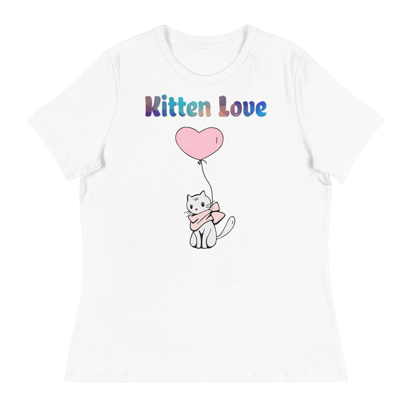 Women's White T-Shirt with Cat With a Pink Heart Balloon with a text "Kitten Love" at $25.97 found at Personalizedpetlovergifts