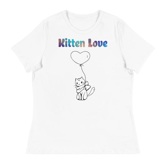 Women's White T-Shirt with Cat With a Heart Balloon with a text "Kitten Love" at $25.97 found at Personalizedpetlovergifts