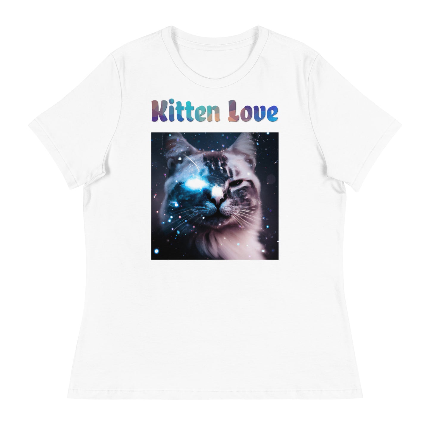 Women's White T-Shirt with Cat With A Galaxy Eye with a text "Kitten Love" at $25.97 found at Personalizedpetlovergifts