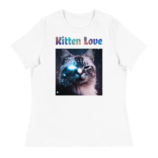 Women's White T-Shirt with Cat With A Galaxy Eye with a text "Kitten Love" at $25.97 found at Personalizedpetlovergifts