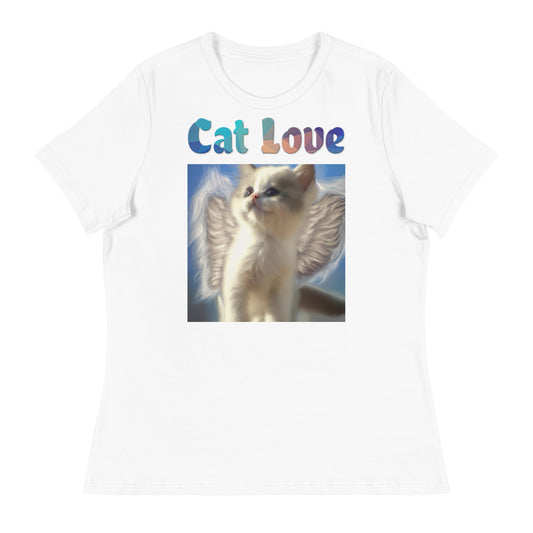 Women's White T-Shirt with Cute Angel Kitten With Wings with a text "Cat Love" at $25.97 found at Personalizedpetlovergifts