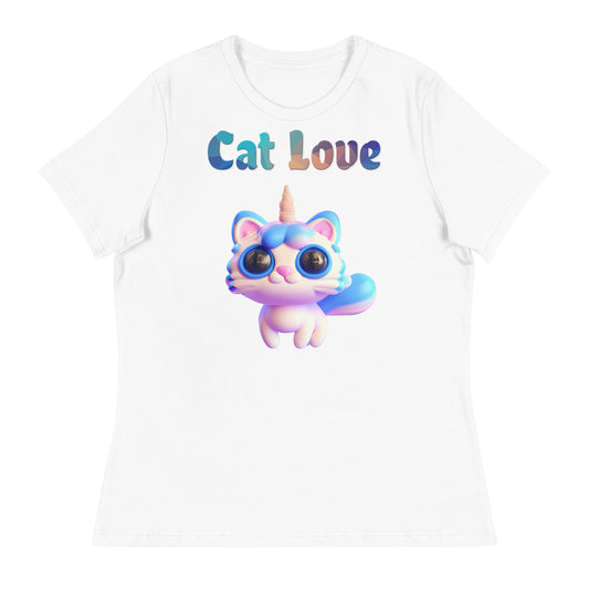 Women's White T-Shirt with Cute 3D Unicorn Cat with a text "Cat Love" at $25.97 found at Personalizedpetlovergifts