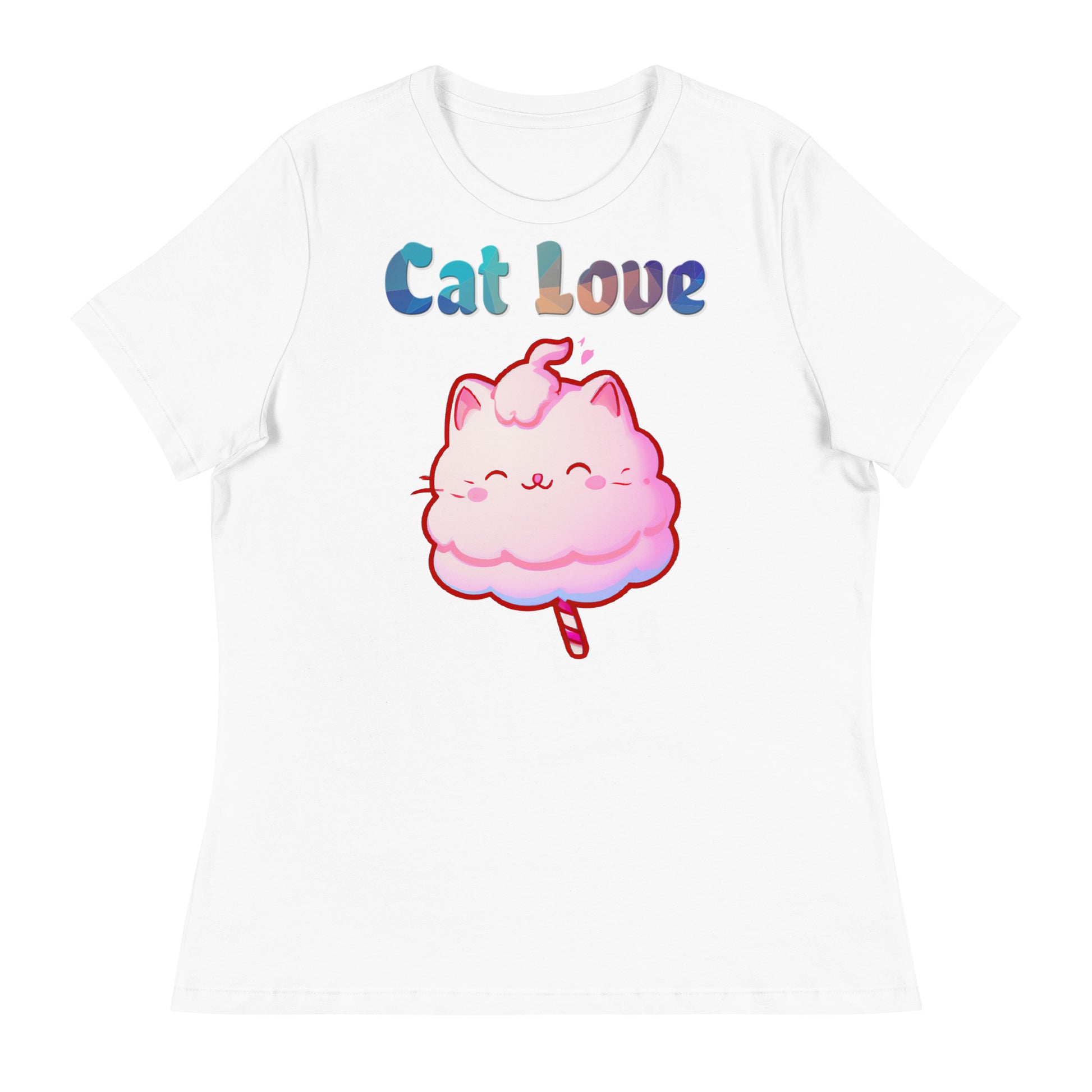 Women's White T-Shirt with Cotton Candy Cat with a text "Cat Love" at $25.97 found at Personalizedpetlovergifts