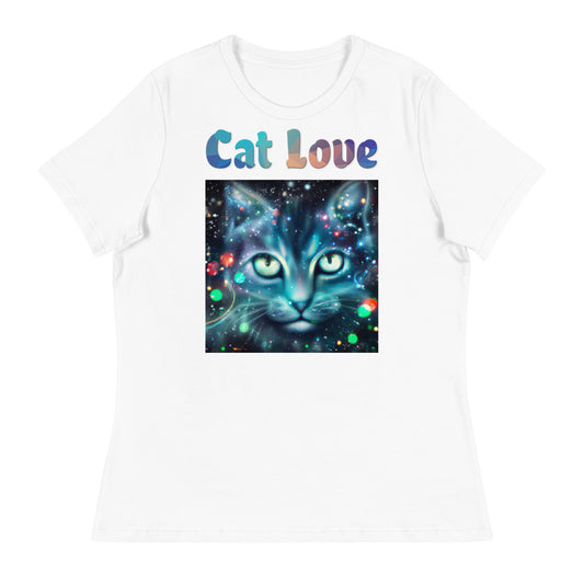 Women's White T-Shirt with Cosmic Cat with a text "Cat Love" at $25.97 found at Personalizedpetlovergifts