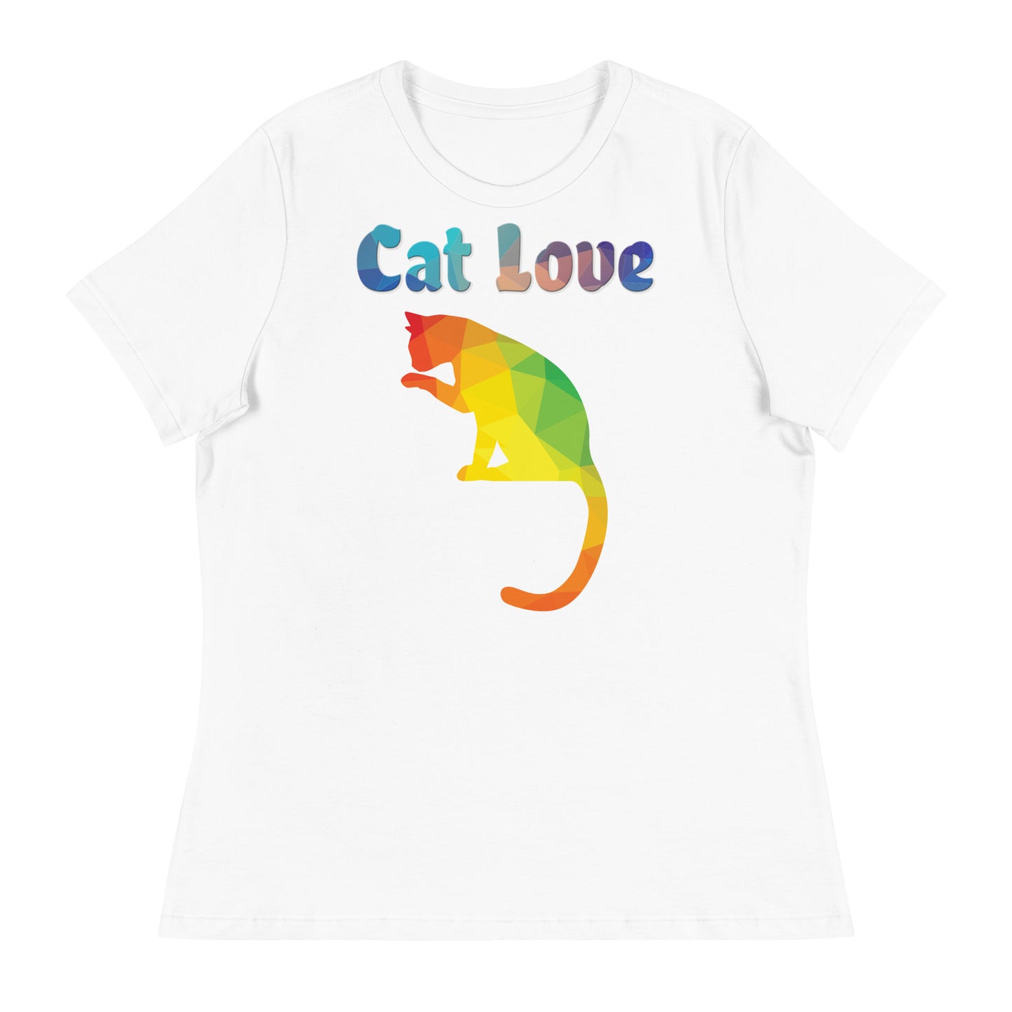 Women's White T-Shirt with Colorful Cat Silhouette with a text "Cat Love" at $25.97 found at Personalizedpetlovergifts