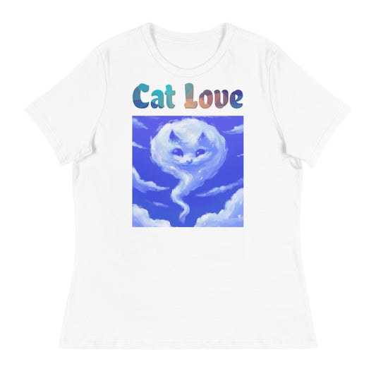 Women's White T-Shirt with Cloud With a Cat Face with a text "Cat Love" at $25.97 found at Personalizedpetlovergifts