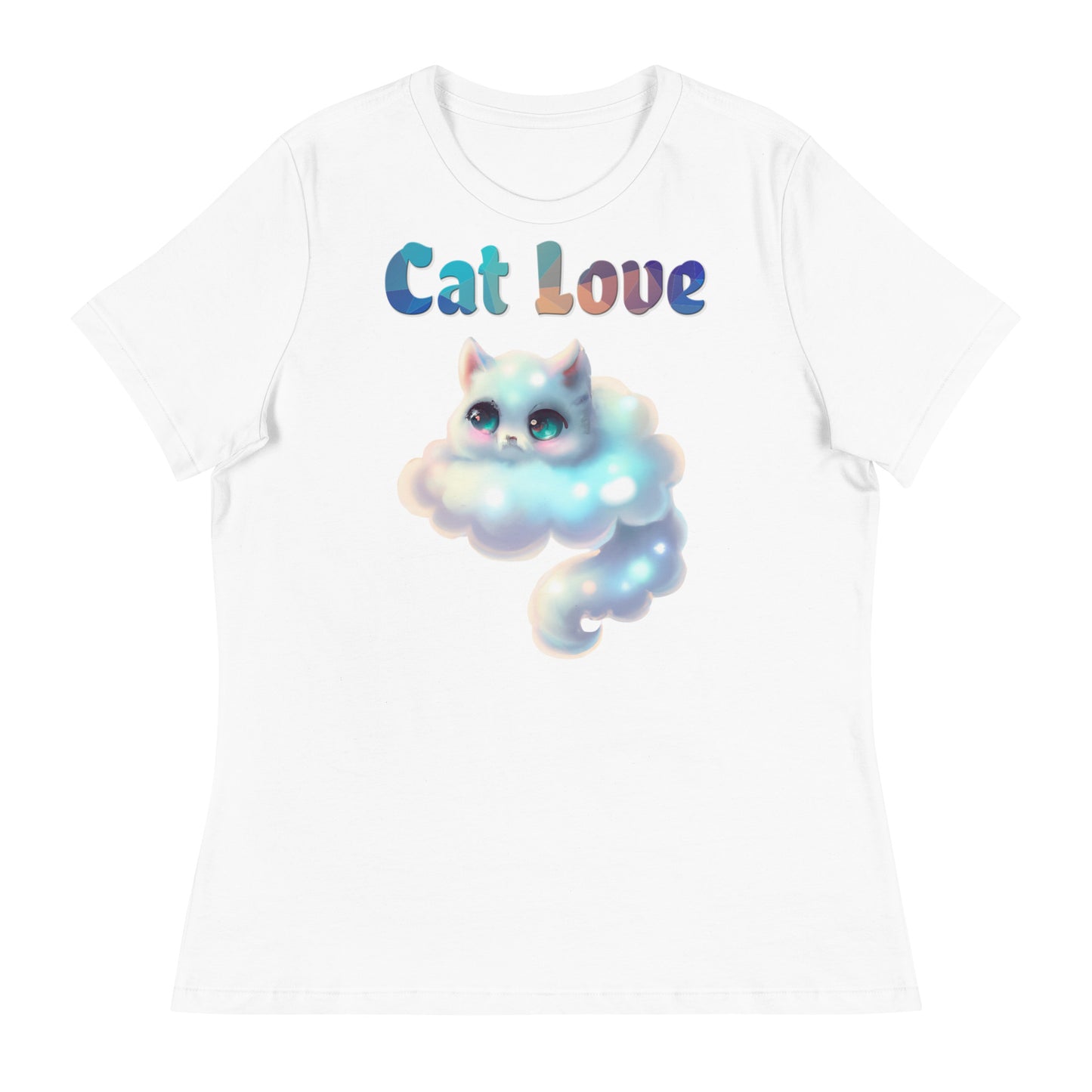 Women's White T-Shirt with Cloud Shaped Kitten with a text "Cat Love" at $25.97 found at Personalizedpetlovergifts