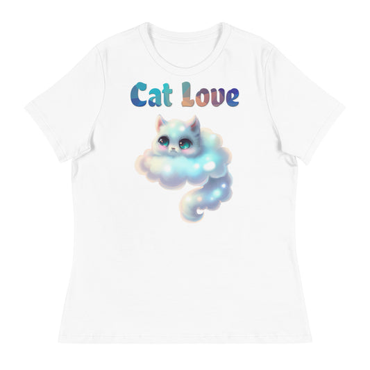 Women's White T-Shirt with Cloud Shaped Kitten with a text "Cat Love" at $25.97 found at Personalizedpetlovergifts