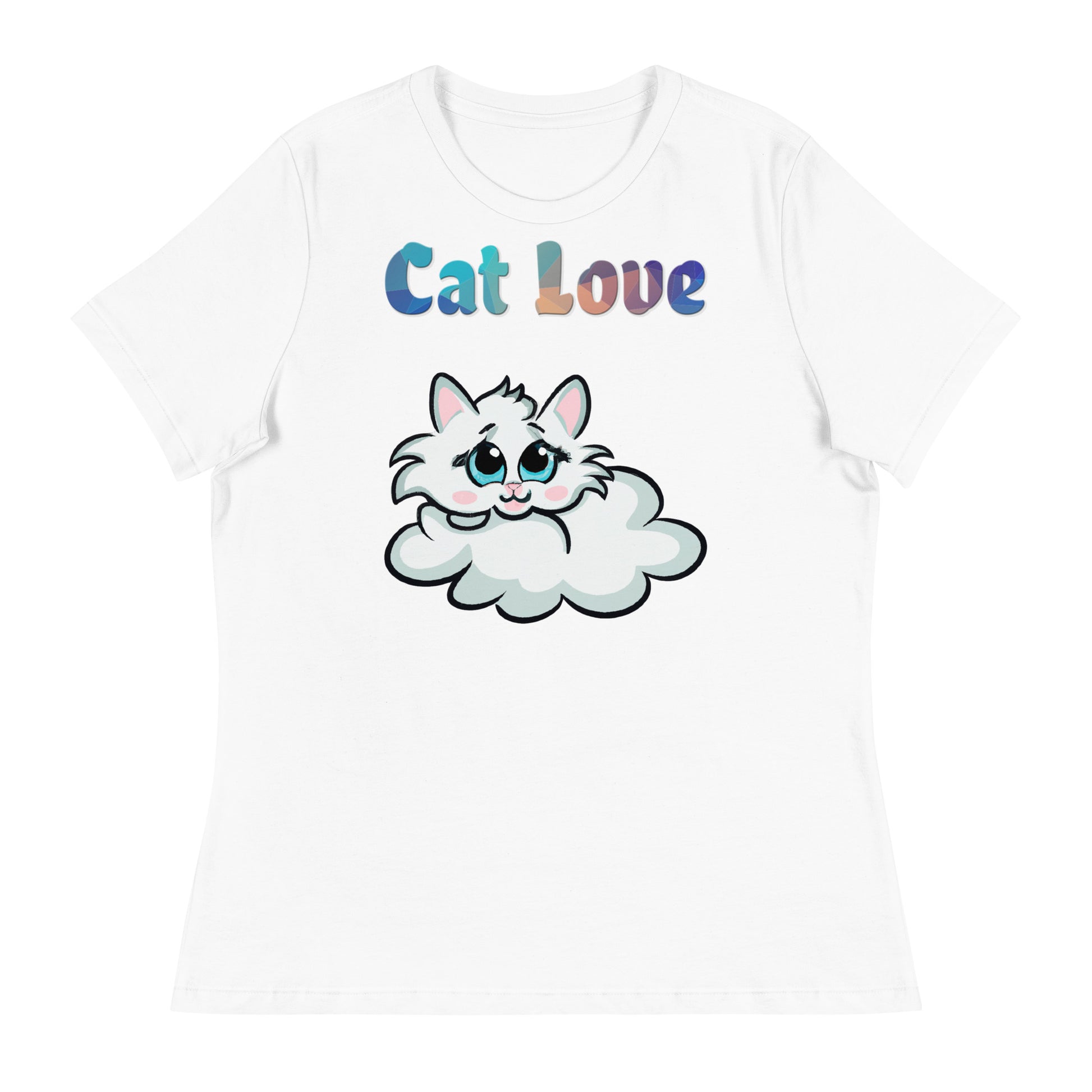 Women's White T-Shirt with Cloud Kitten with a text "Cat Love" at $25.97 found at Personalizedpetlovergifts