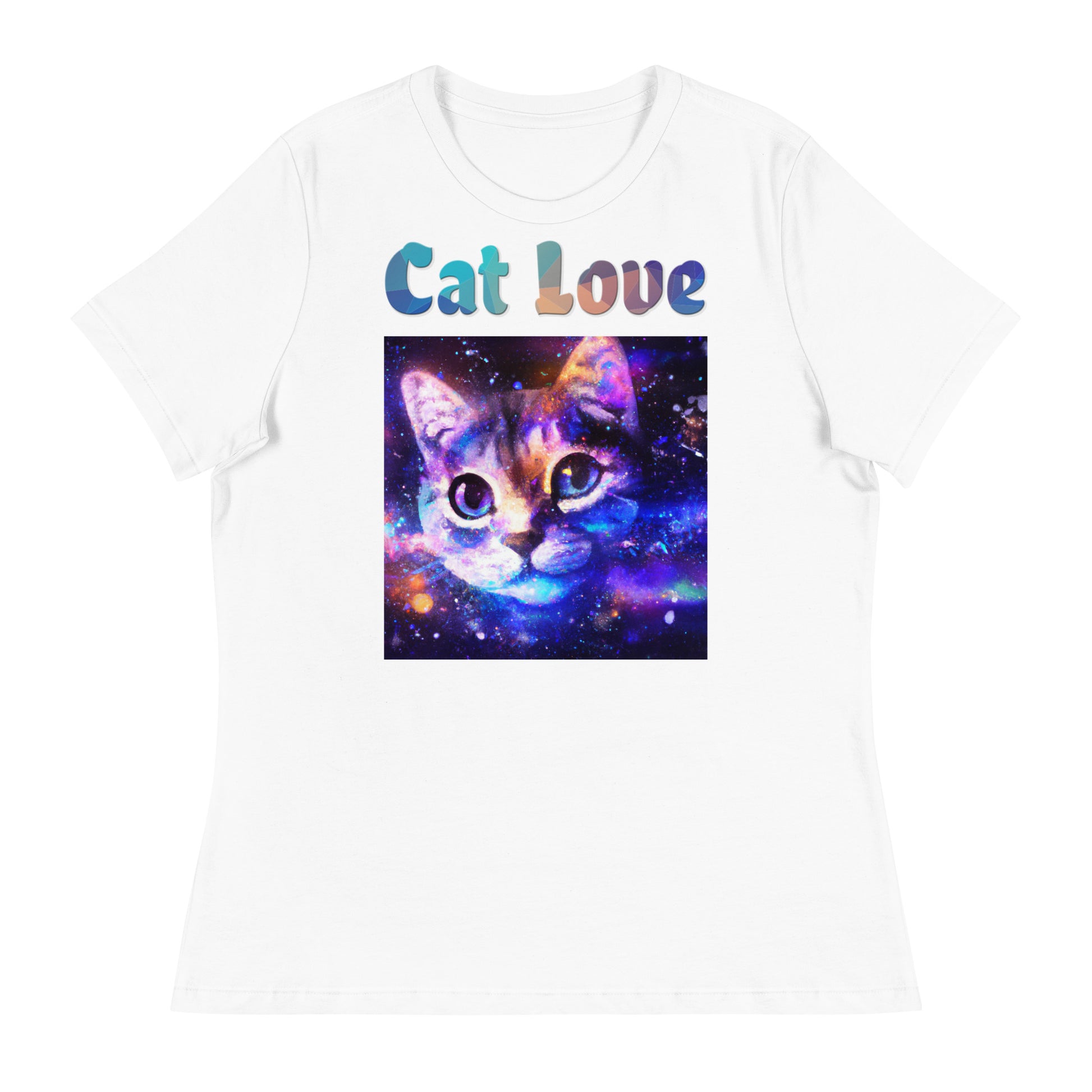 Women's White T-Shirt with Cat With Space with a text "Cat Love" at $25.97 found at Personalizedpetlovergifts