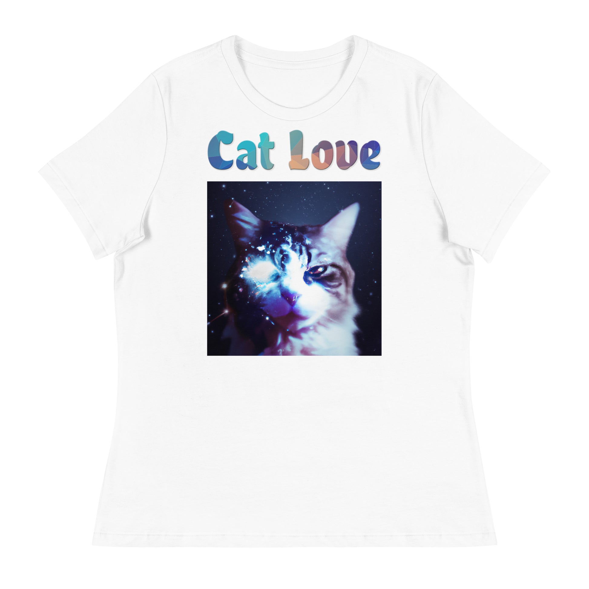 Women's White T-Shirt with Cat With Space Eye with a text "Cat Love" at $25.97 found at Personalizedpetlovergifts