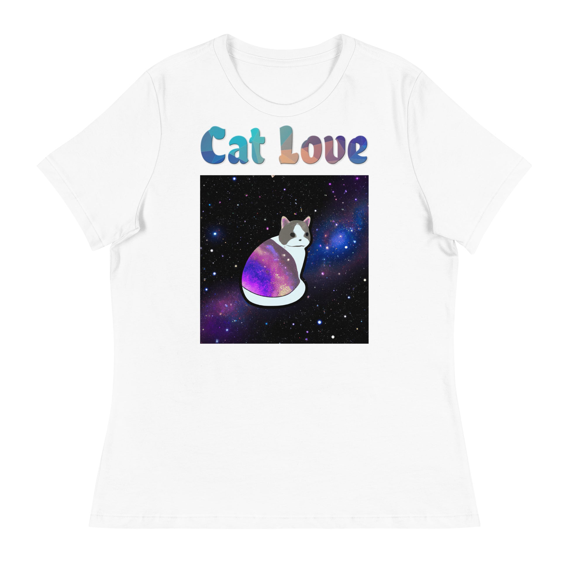 Women's White T-Shirt with Cat With Space Clothes with a text "Cat Love" at $25.97 found at Personalizedpetlovergifts