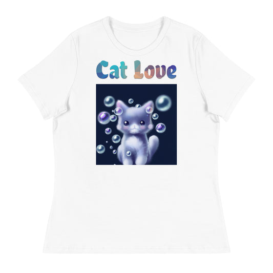 Women's White T-Shirt with Cat With Soap Bubbles with a text "Cat Love" at $25.97 found at Personalizedpetlovergifts