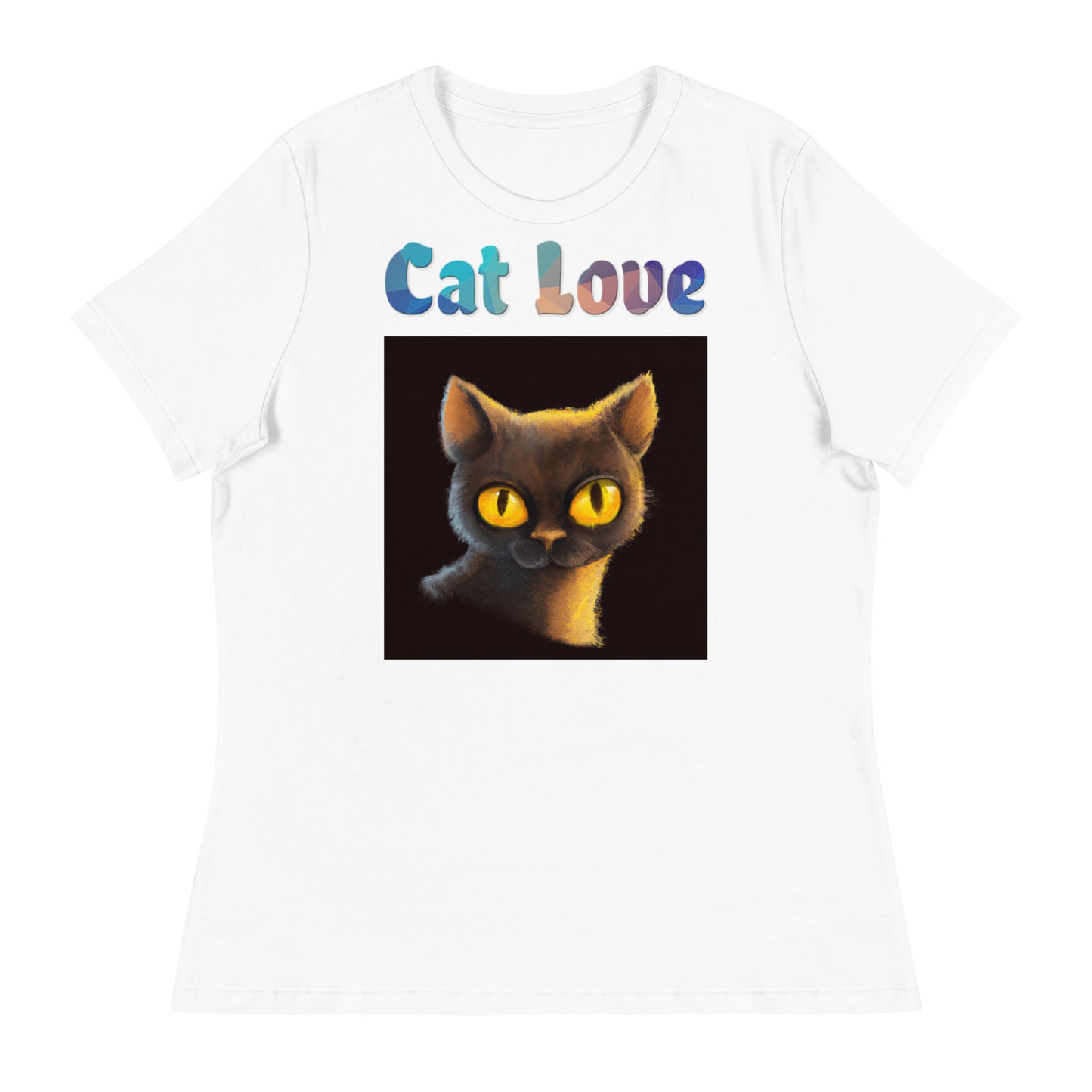 Women's White T-Shirt with Cat With Shiny Yellow Eyes with a text "Cat Love" at $25.97 found at Personalizedpetlovergifts