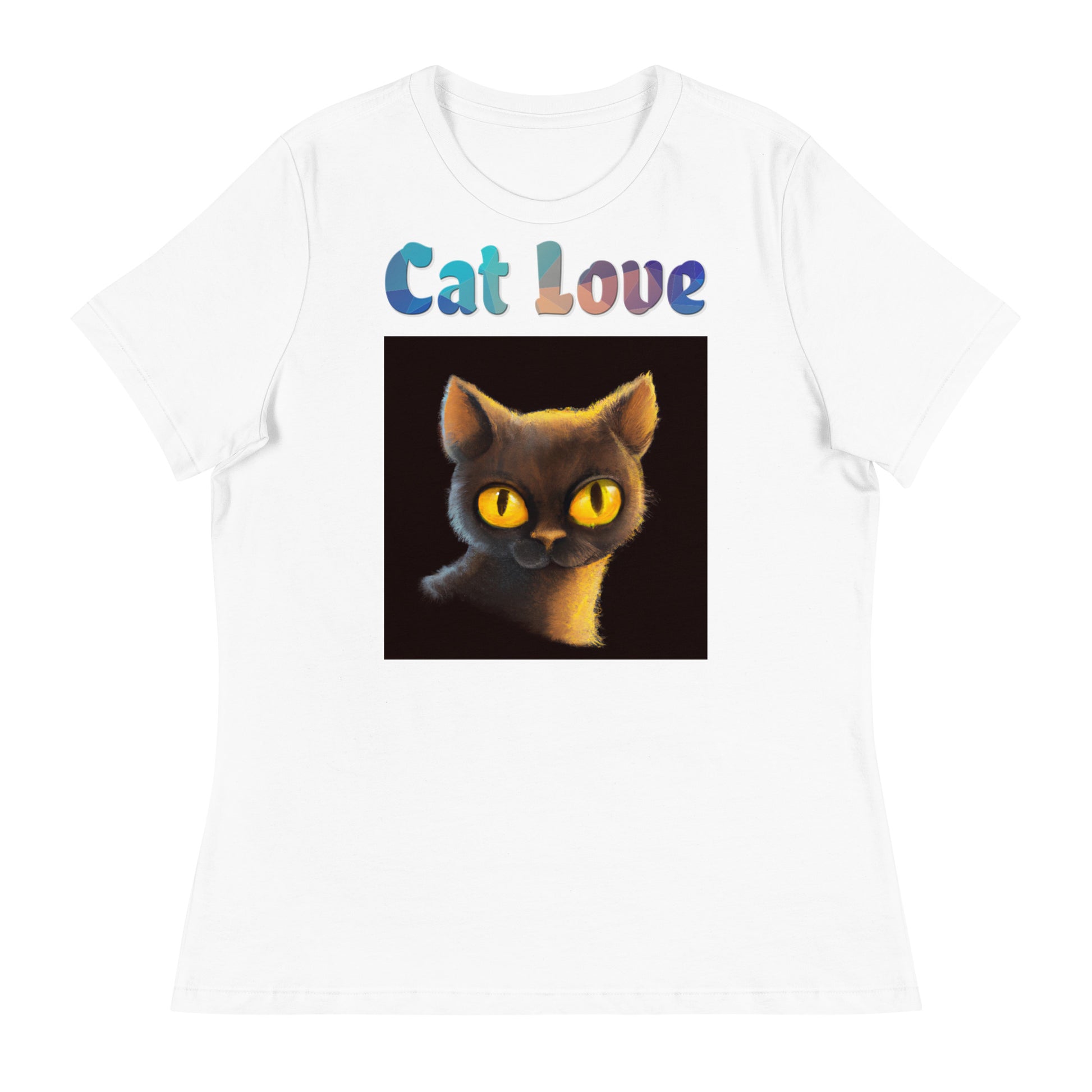 Women's White T-Shirt with Cat With Shiny Yellow Eyes with a text "Cat Love" at $25.97 found at Personalizedpetlovergifts