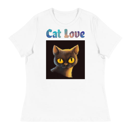 Women's White T-Shirt with Cat With Shiny Yellow Eyes with a text "Cat Love" at $25.97 found at Personalizedpetlovergifts