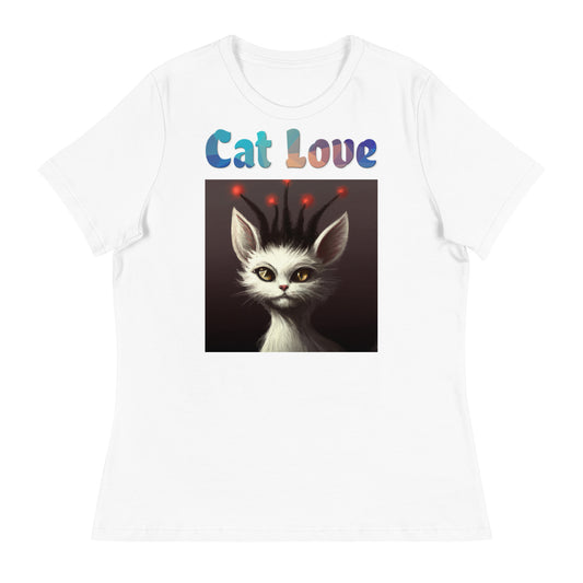 Women's White T-Shirt with Cat With Red Alien Spikes with a text "Cat Love" at $25.97 found at Personalizedpetlovergifts