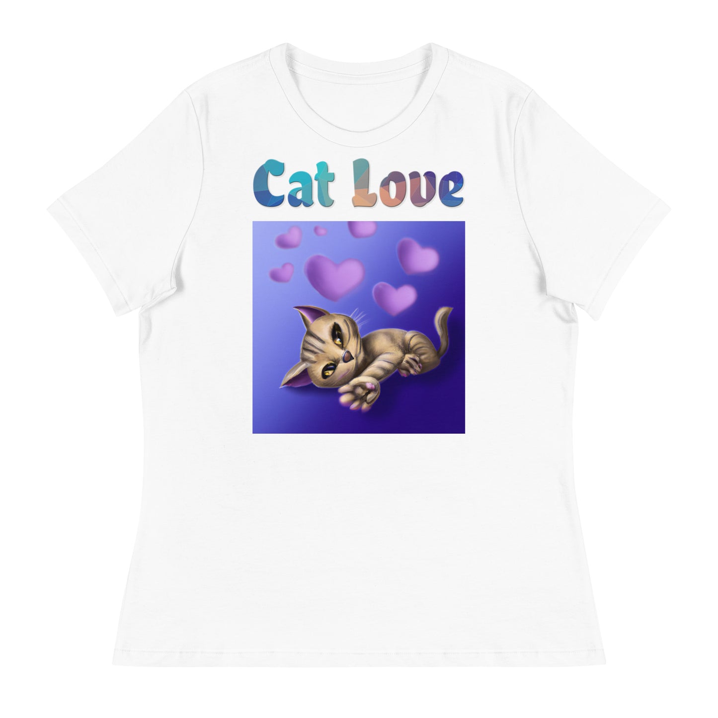 Women's White T-Shirt with Cat With Purple Hearts with a text "Cat Love" at $25.97 found at Personalizedpetlovergifts