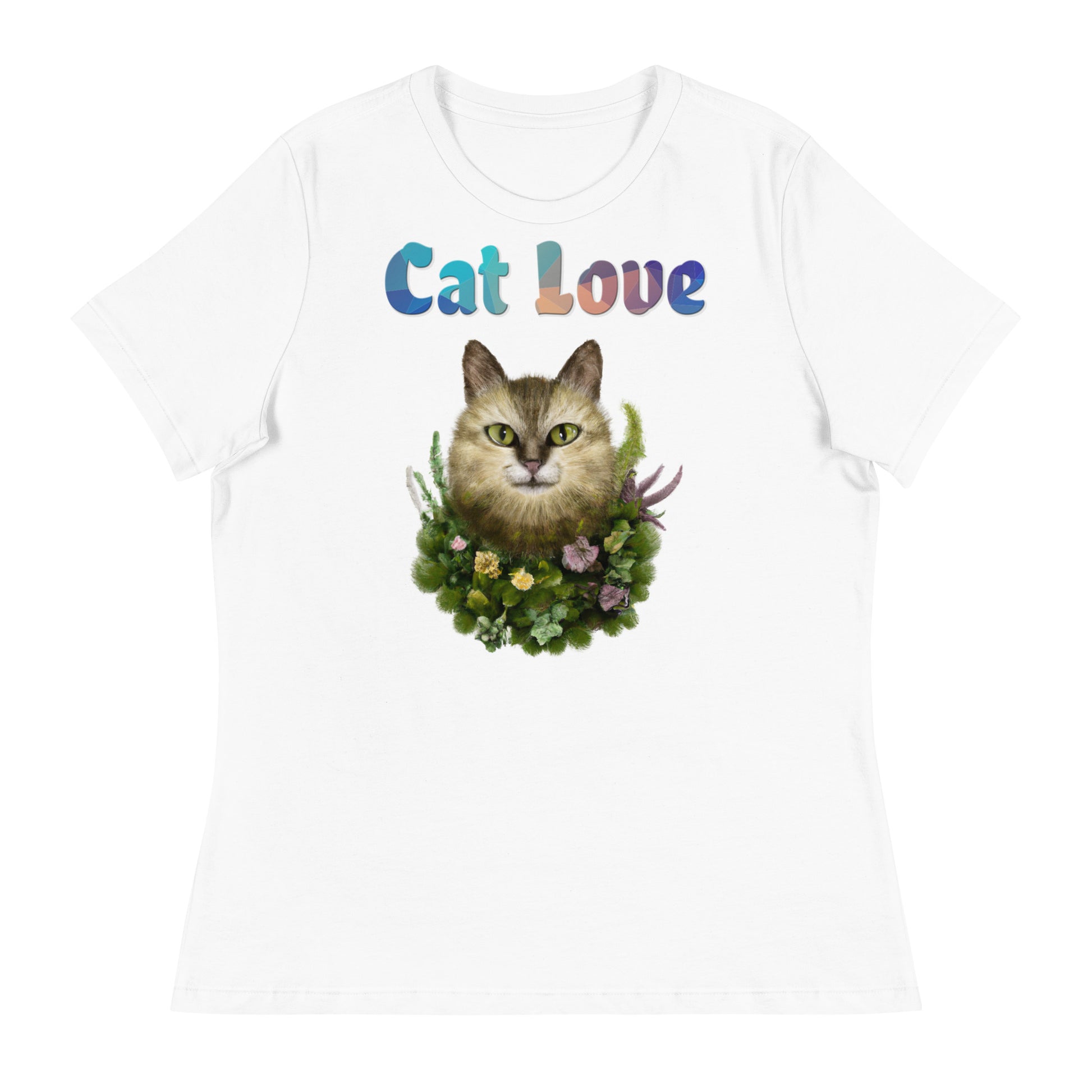 Women's White T-Shirt with Cat With Plants And Flowers with a text "Cat Love" at $25.97 found at Personalizedpetlovergifts