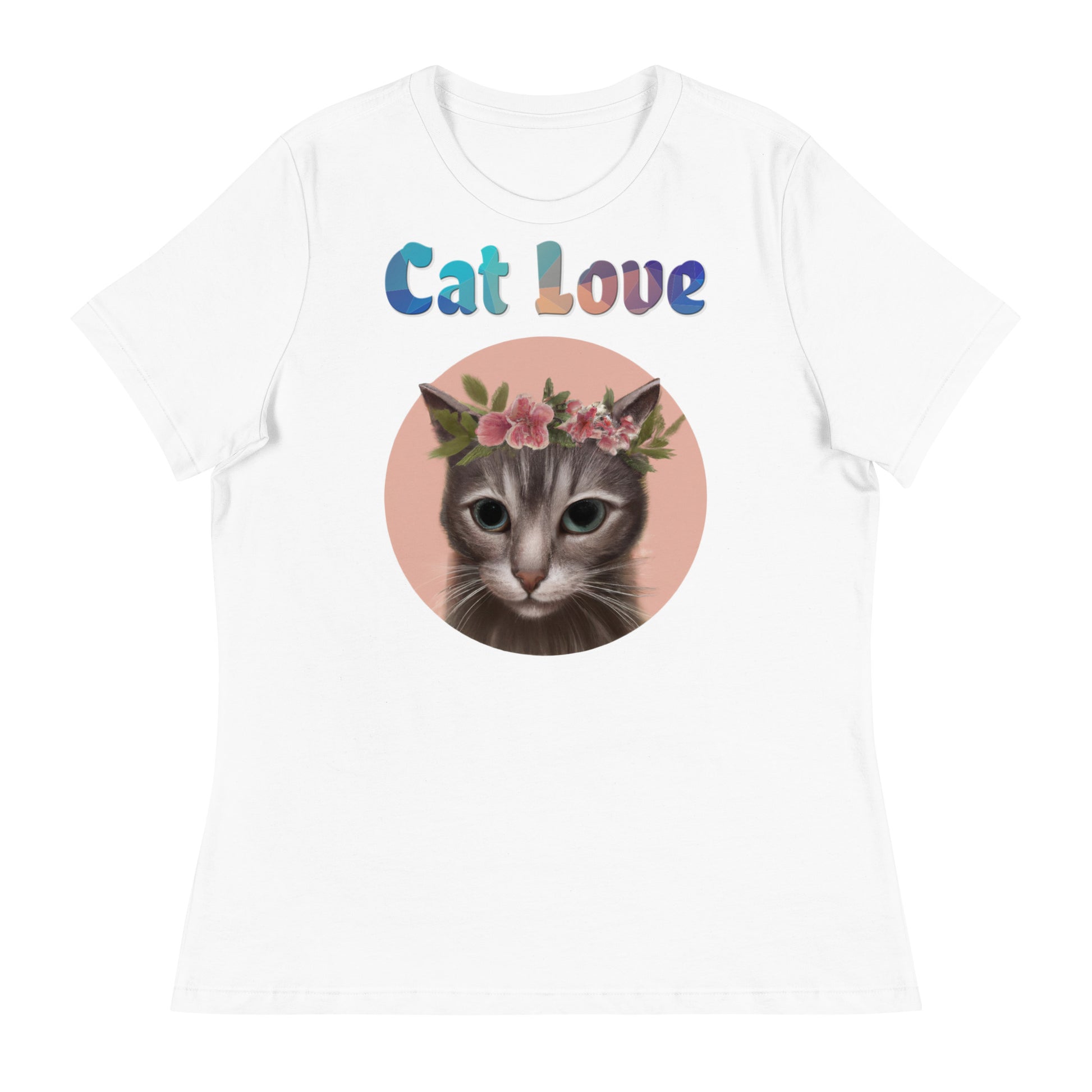 Women's White T-Shirt with Cat With Pink Floral Headpiece with a text "Cat Love" at $25.97 found at Personalizedpetlovergifts