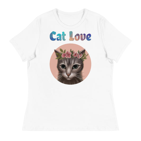 Women's White T-Shirt with Cat With Pink Floral Headpiece with a text "Cat Love" at $25.97 found at Personalizedpetlovergifts