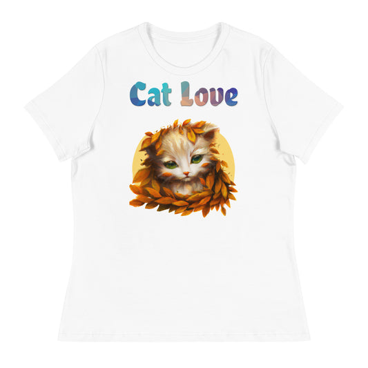 Women's White T-Shirt with Cat With Orange Leaves with a text "Cat Love" at $25.97 found at Personalizedpetlovergifts