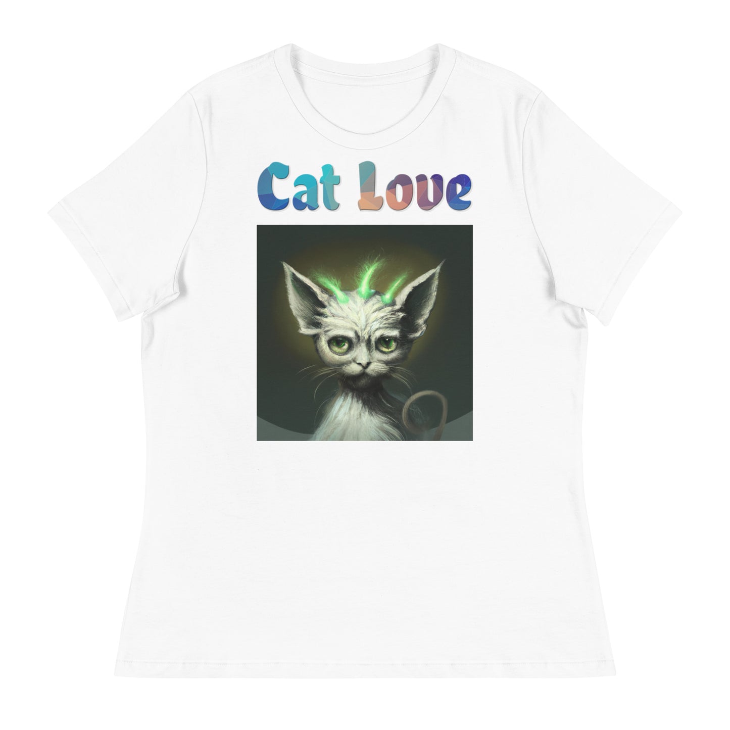 Women's White T-Shirt with Cat With Green Alien Spikes with a text "Cat Love" at $25.97 found at Personalizedpetlovergifts