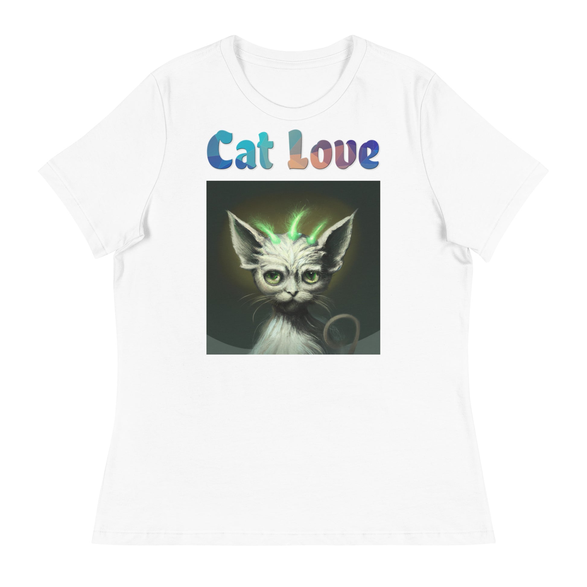 Women's White T-Shirt with Cat With Green Alien Spikes with a text "Cat Love" at $25.97 found at Personalizedpetlovergifts