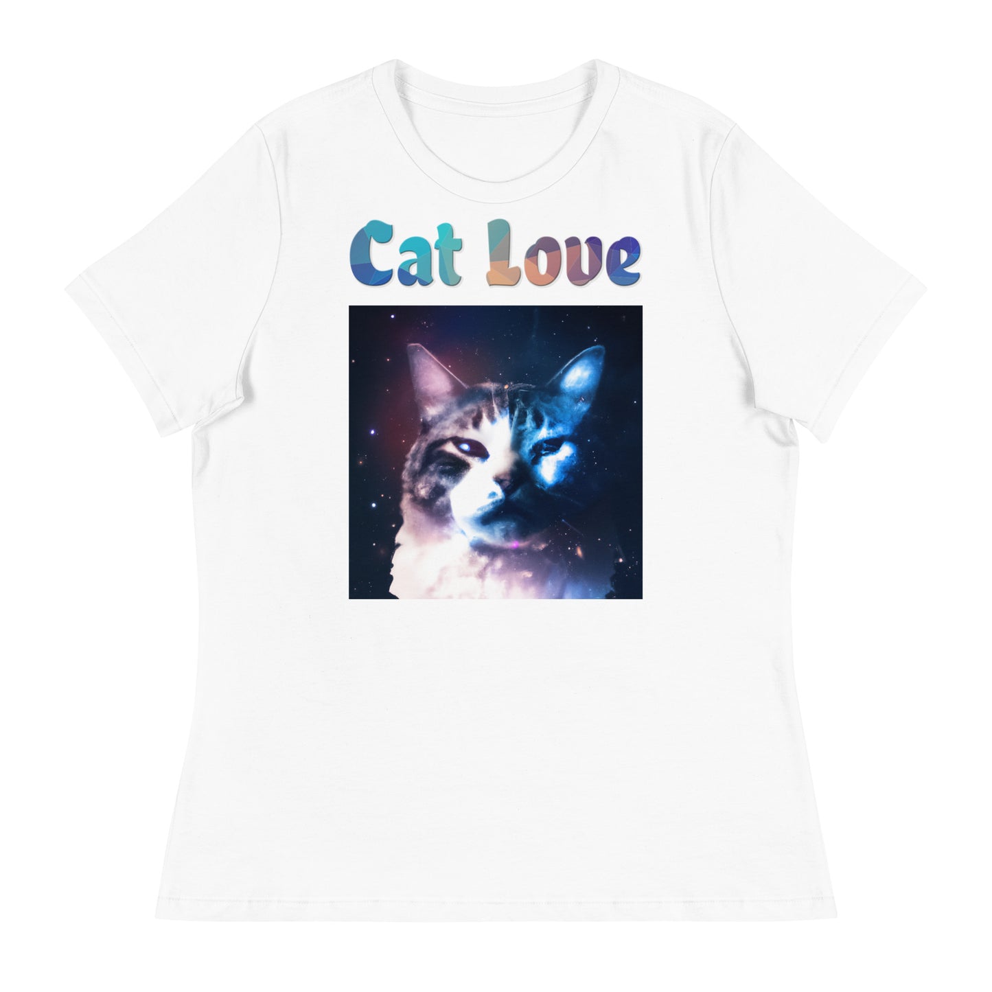 Women's White T-Shirt with Cat With Galaxy with a text "Cat Love" at $25.97 found at Personalizedpetlovergifts