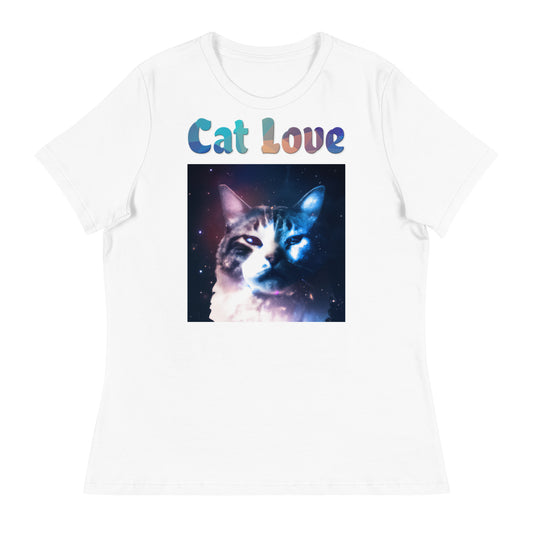 Women's White T-Shirt with Cat With Galaxy with a text "Cat Love" at $25.97 found at Personalizedpetlovergifts