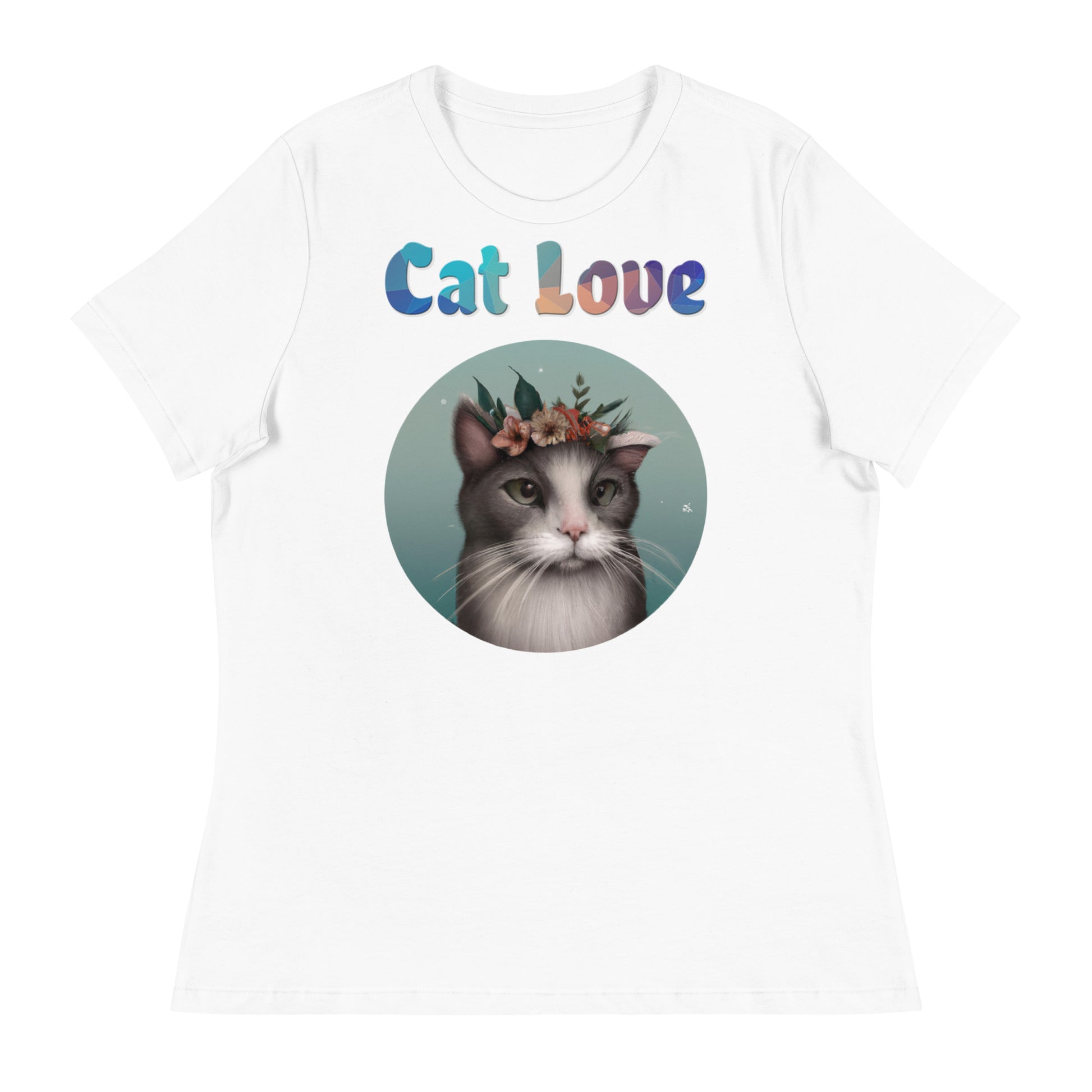 Women's White T-Shirt with Cat With Flowers with a text "Cat Love" at $25.97 found at Personalizedpetlovergifts