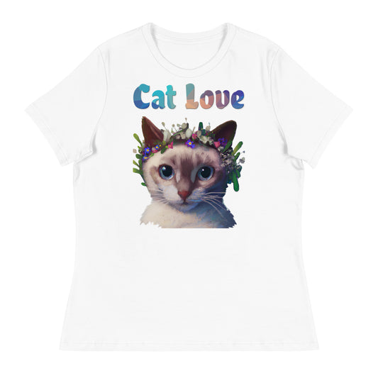 Women's White T-Shirt with Cat With Flowers On Head with a text "Cat Love" at $25.97 found at Personalizedpetlovergifts