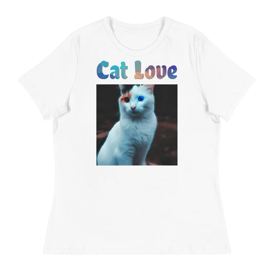 Women's White T-Shirt with Cat With Colorful Eyes with a text "Cat Love" at $25.97 found at Personalizedpetlovergifts