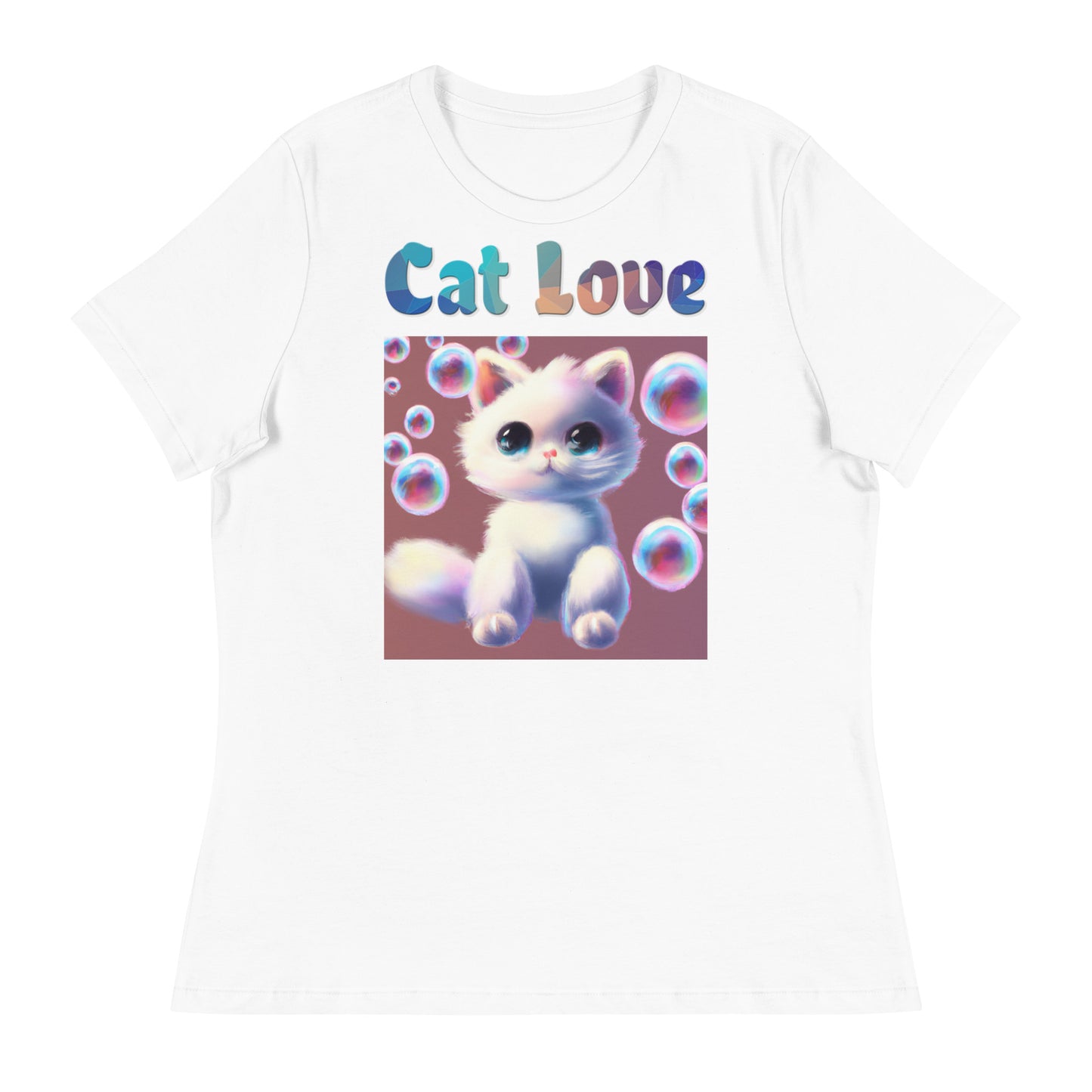 Women's White T-Shirt with Cat With Bubbles with a text "Cat Love" at $25.97 found at Personalizedpetlovergifts