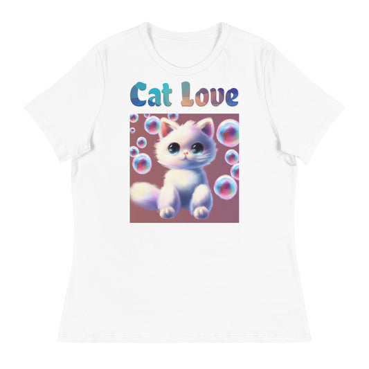 Women's White T-Shirt with Cat With Bubbles with a text "Cat Love" at $25.97 found at Personalizedpetlovergifts