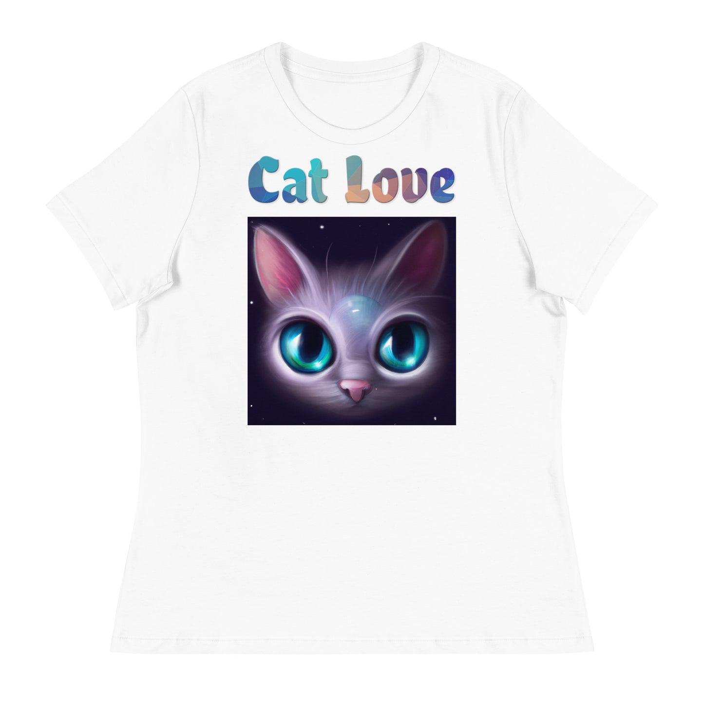 Women's White T-Shirt with Cat With Bright Blue Eyes with a text "Cat Love" at $25.97 found at Personalizedpetlovergifts