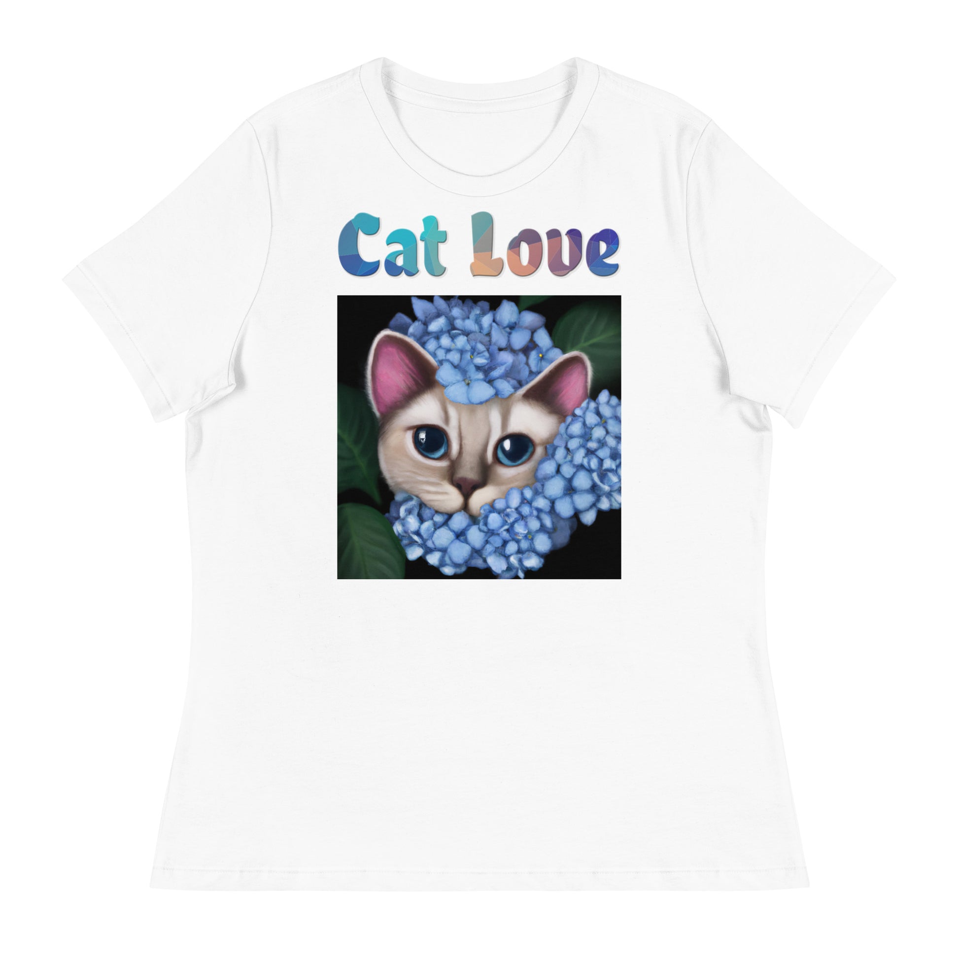 Women's White T-Shirt with Cat With Blue Hydrangea Flowers with a text "Cat Love" at $25.97 found at Personalizedpetlovergifts