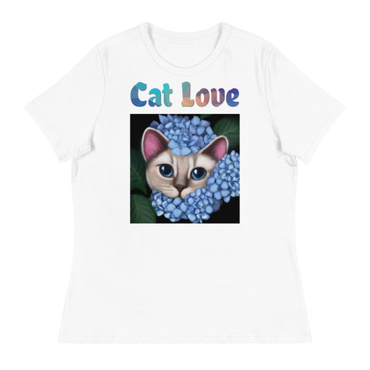 Women's White T-Shirt with Cat With Blue Hydrangea Flowers with a text "Cat Love" at $25.97 found at Personalizedpetlovergifts