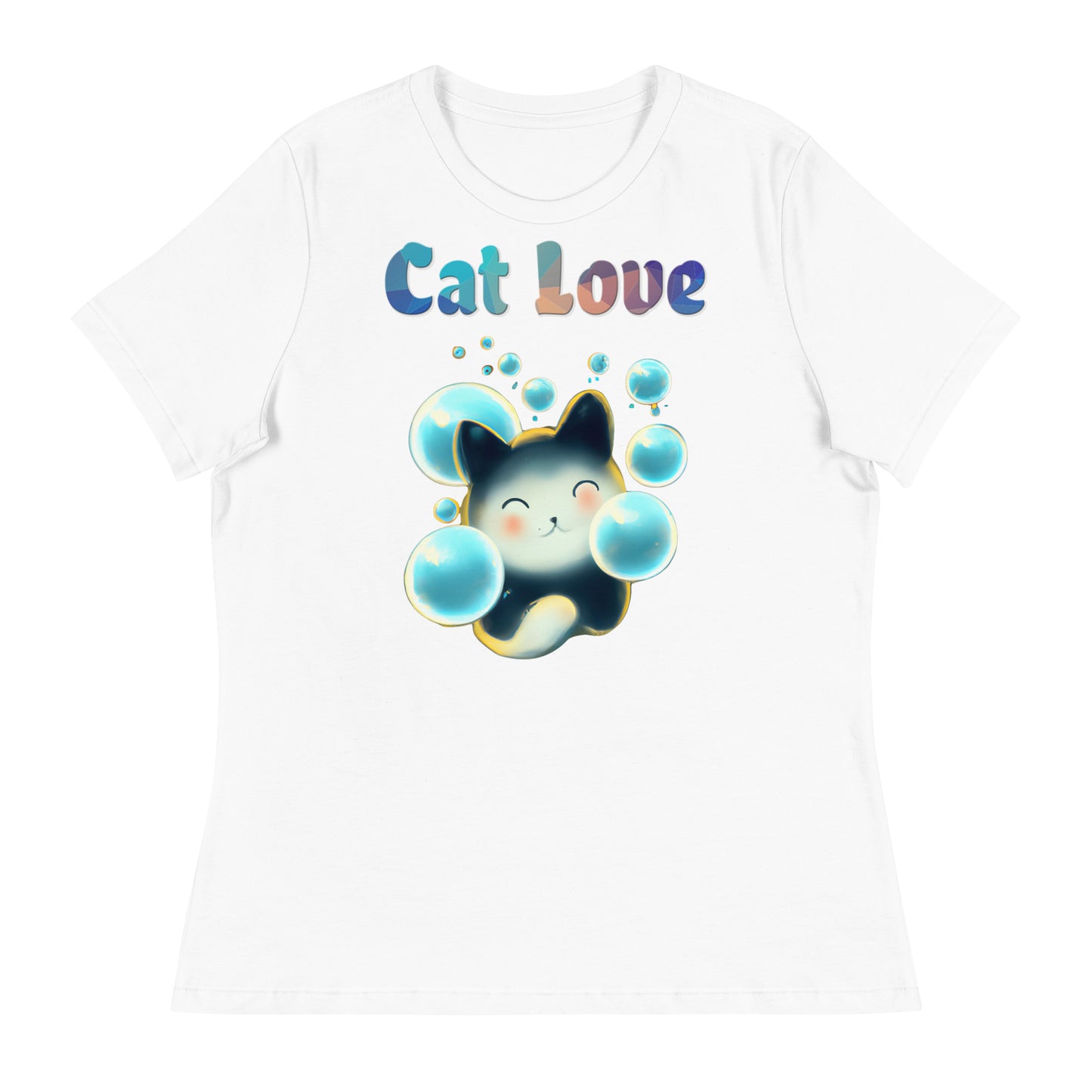 Women's White T-Shirt with Cat With Blue Bubbles with a text "Cat Love" at $25.97 found at Personalizedpetlovergifts