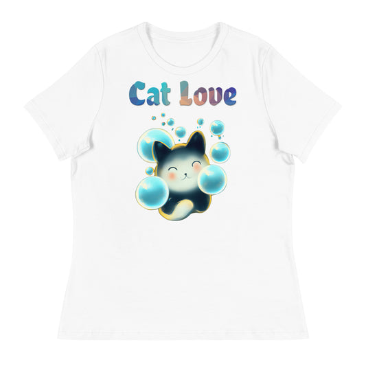 Women's White T-Shirt with Cat With Blue Bubbles with a text "Cat Love" at $25.97 found at Personalizedpetlovergifts