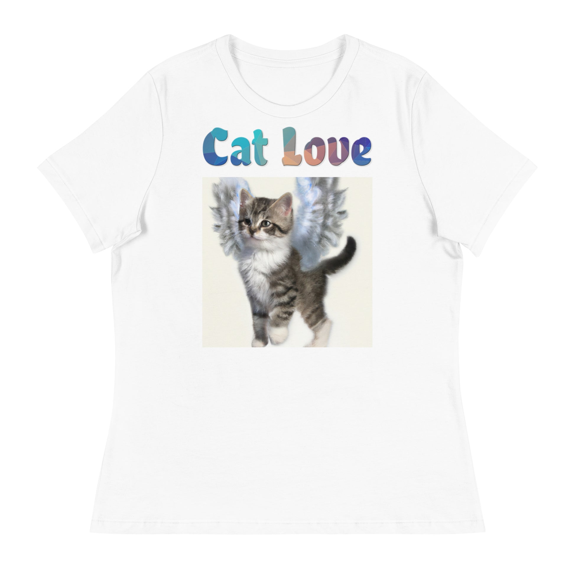 Women's White T-Shirt with Cat With Beautiful Angel Wings with a text "Cat Love" at $25.97 found at Personalizedpetlovergifts