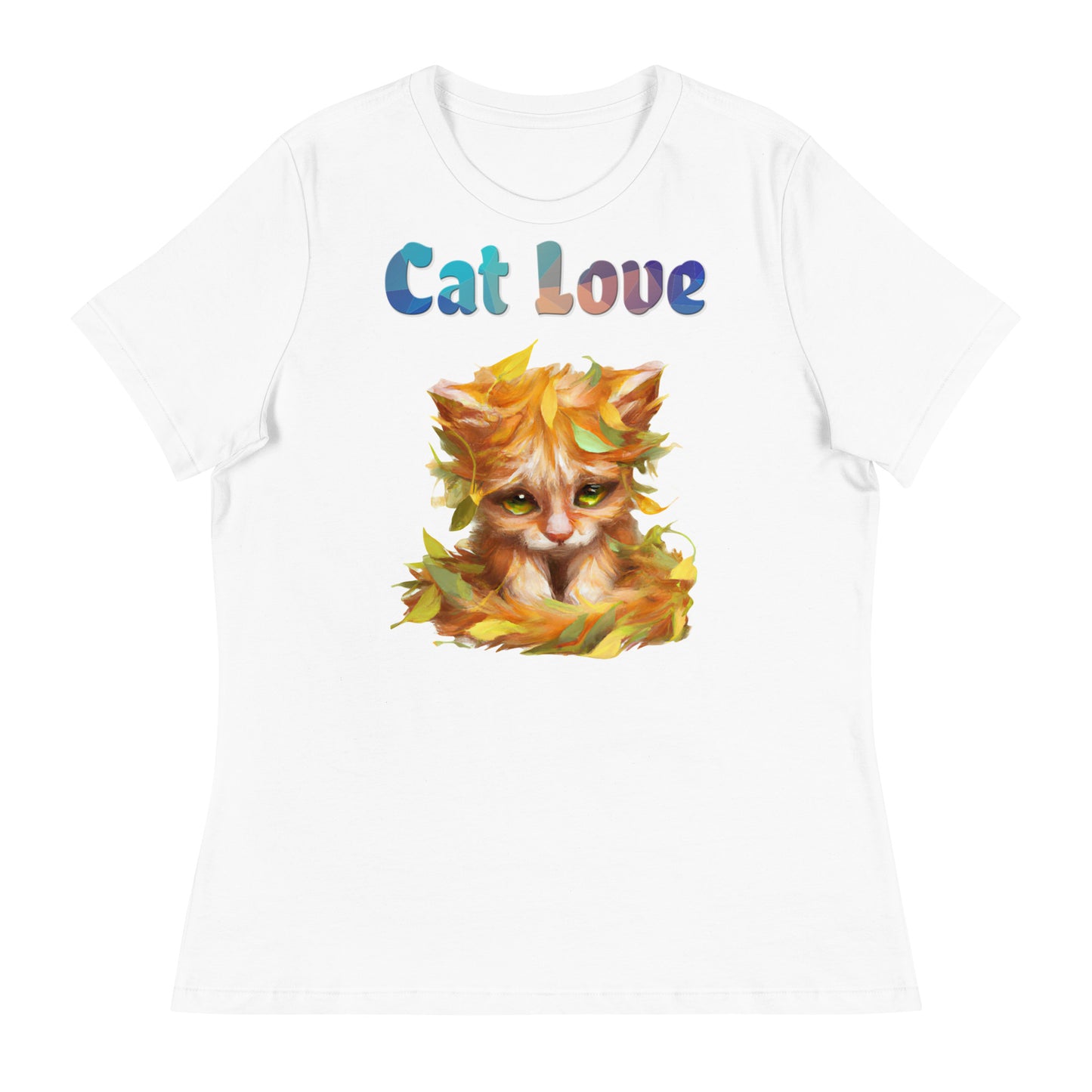 Women's White T-Shirt with Cat With Autumn Leaves with a text "Cat Love" at $25.97 found at Personalizedpetlovergifts